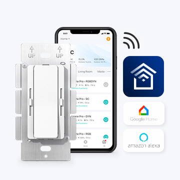 Smart light switch with smartphone app and voice assistant icons.