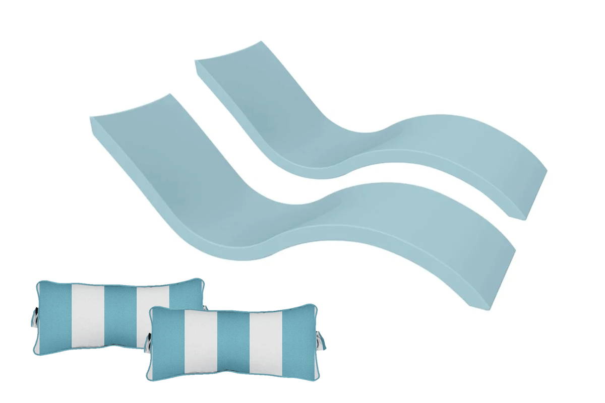 Boxhill's Signature Chaise Lounge in the color Frost paired with Signature Chaise Headrest Pillow in Turquoise Stripe