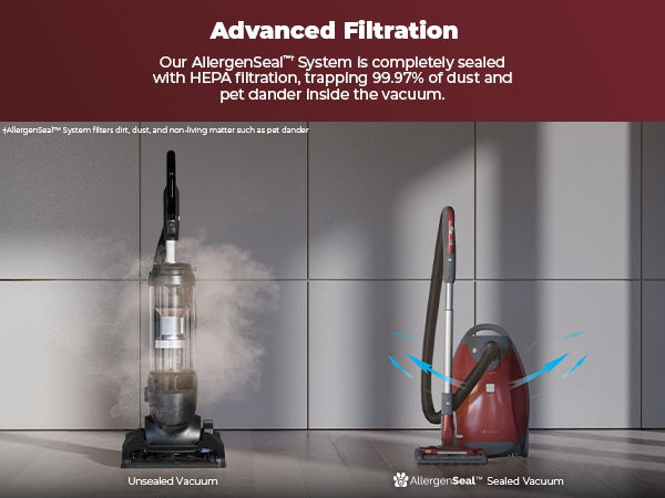 Vacuum cleaners highlighting advanced filtration for dust and pet dander removal.