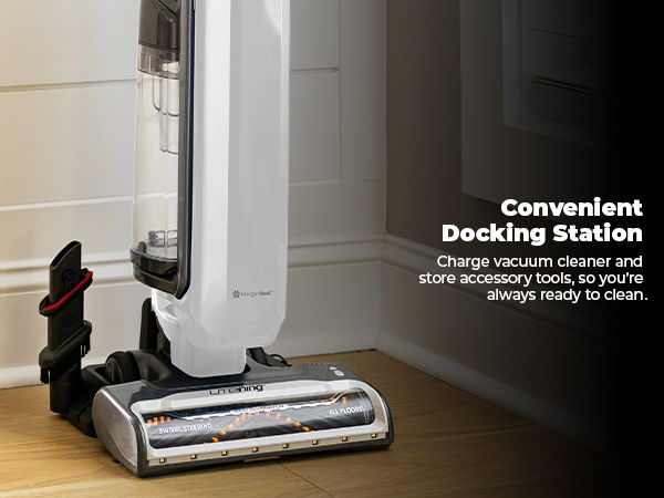 Vacuum cleaner in docking station with text about convenience and readiness.