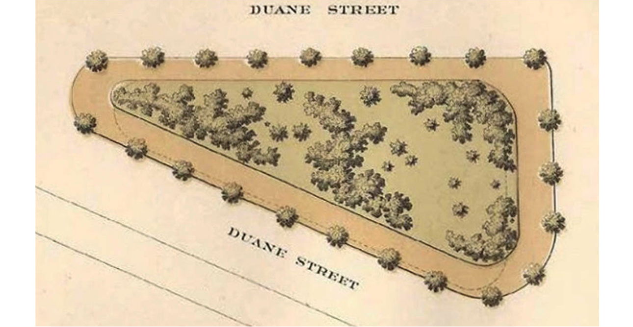 Map of a triangular park with surrounding streets and trees.