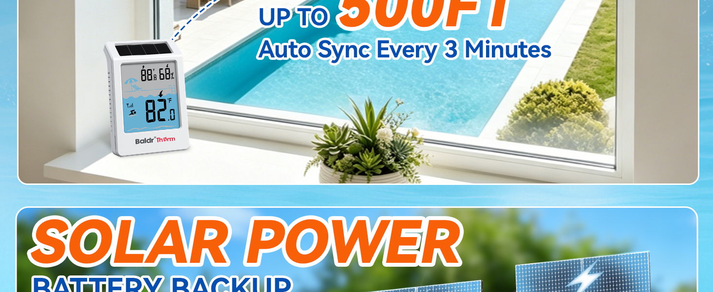 Product advertisement for a solar-powered device with features and specifications.