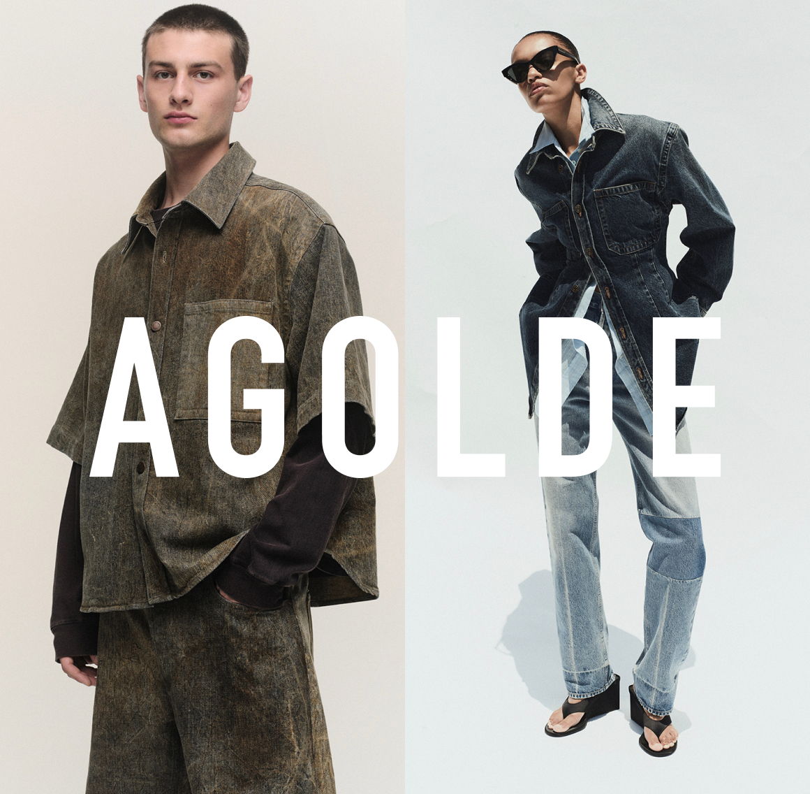 Fashion advertisement featuring models in trendy outfits with 