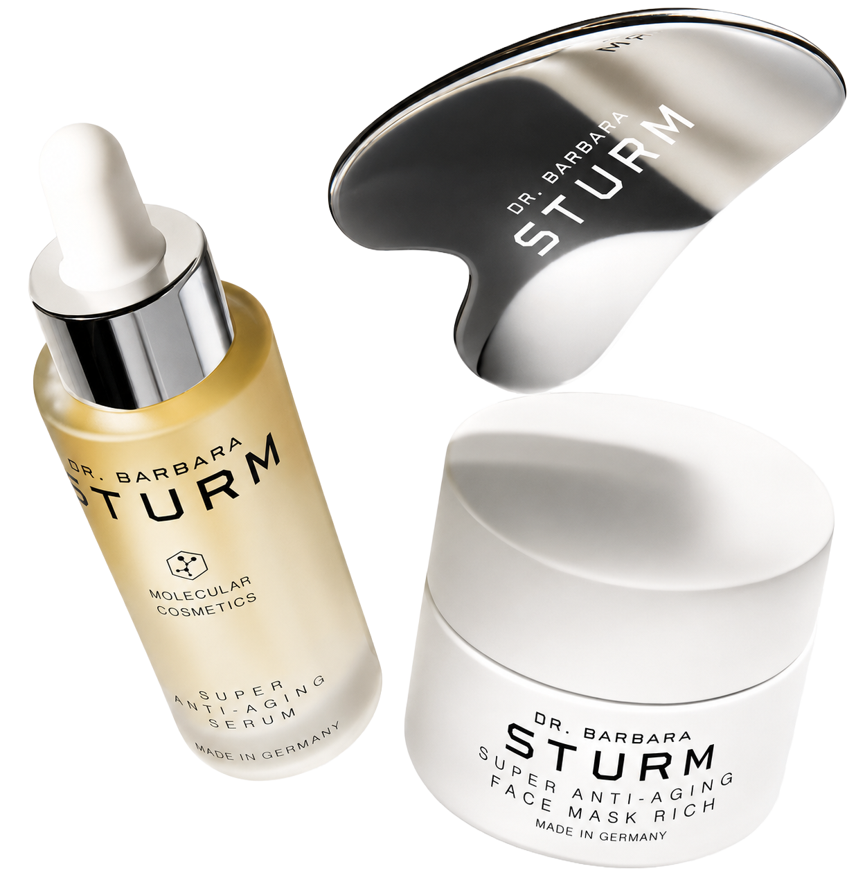 Skincare products including serum, cream, and a gua sha tool.