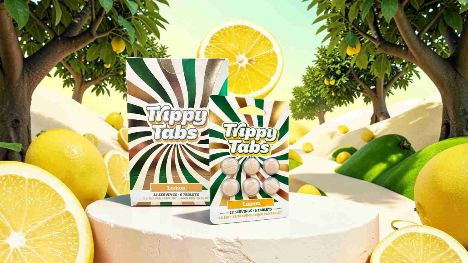 Two boxes of candy on a lemon-themed background with trees and lemons.