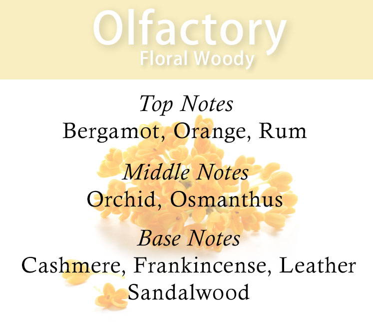 golden petals nots. Bergamot, orange, rum, orchid, osmanthus, cashmere, frankincense, leather, sandalwood
