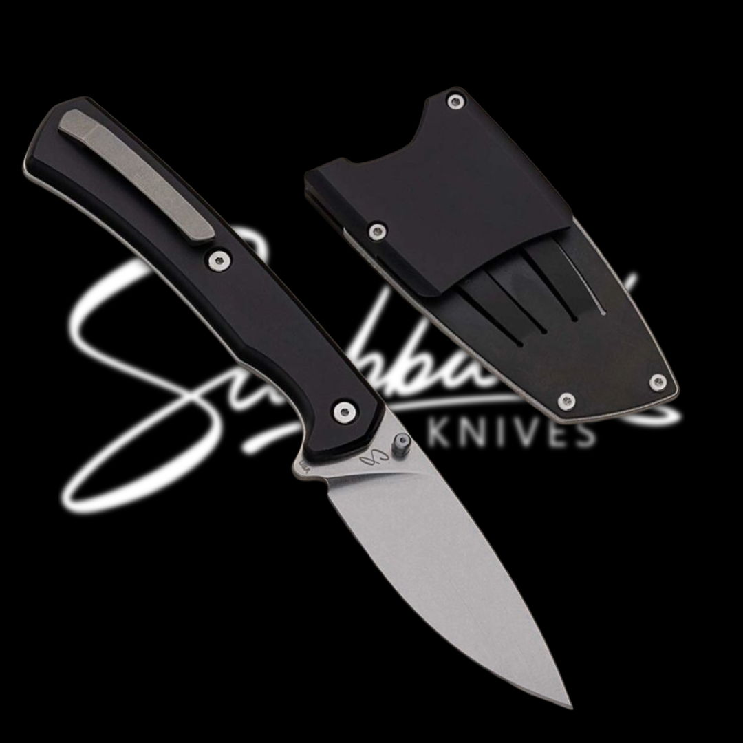 Folding knife with black handle and sheath, logo in background.