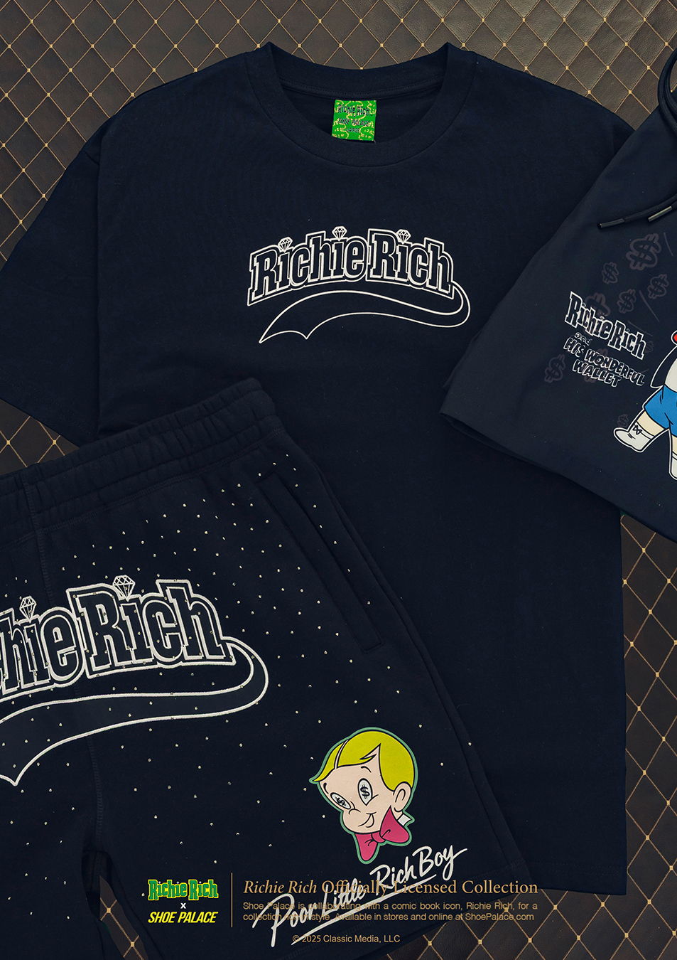 Richie Rich themed clothing items displayed on a textured background.