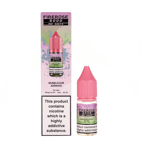 Elux Firerose5000 Bubblegum Airways E-liquid bottle with bubblegum flavor and warning label about nicotine addiction.