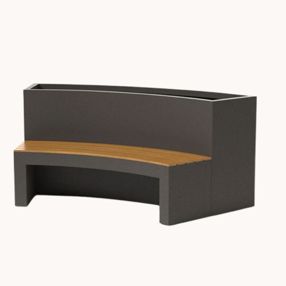 curved aluminum planter bench with teak seat
