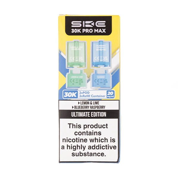 SKE 30K Pro Max vape packaging with warning about nicotine addiction.