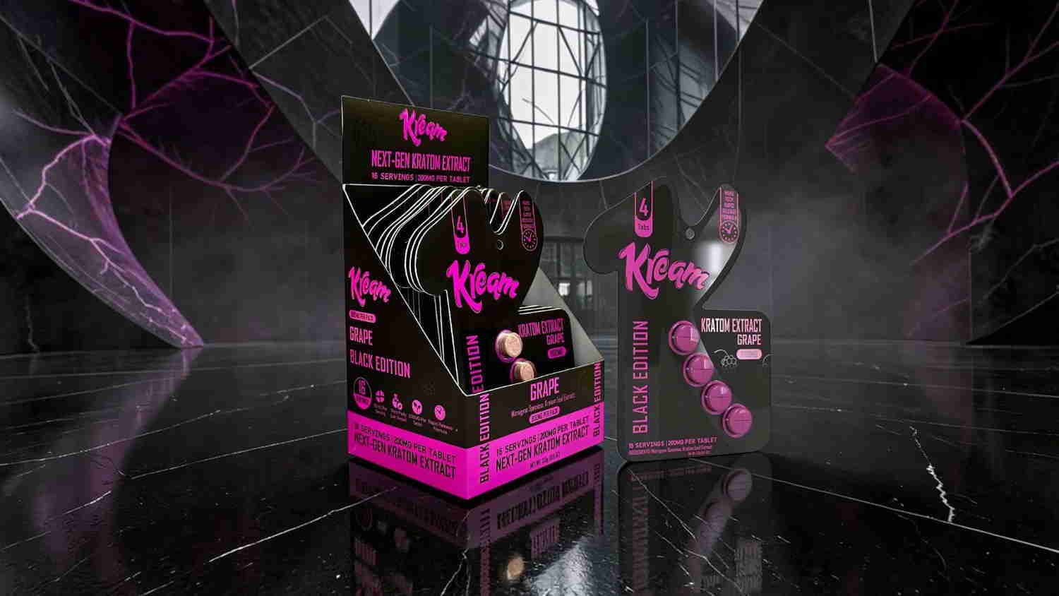 Product display featuring pink packaging and futuristic design elements.