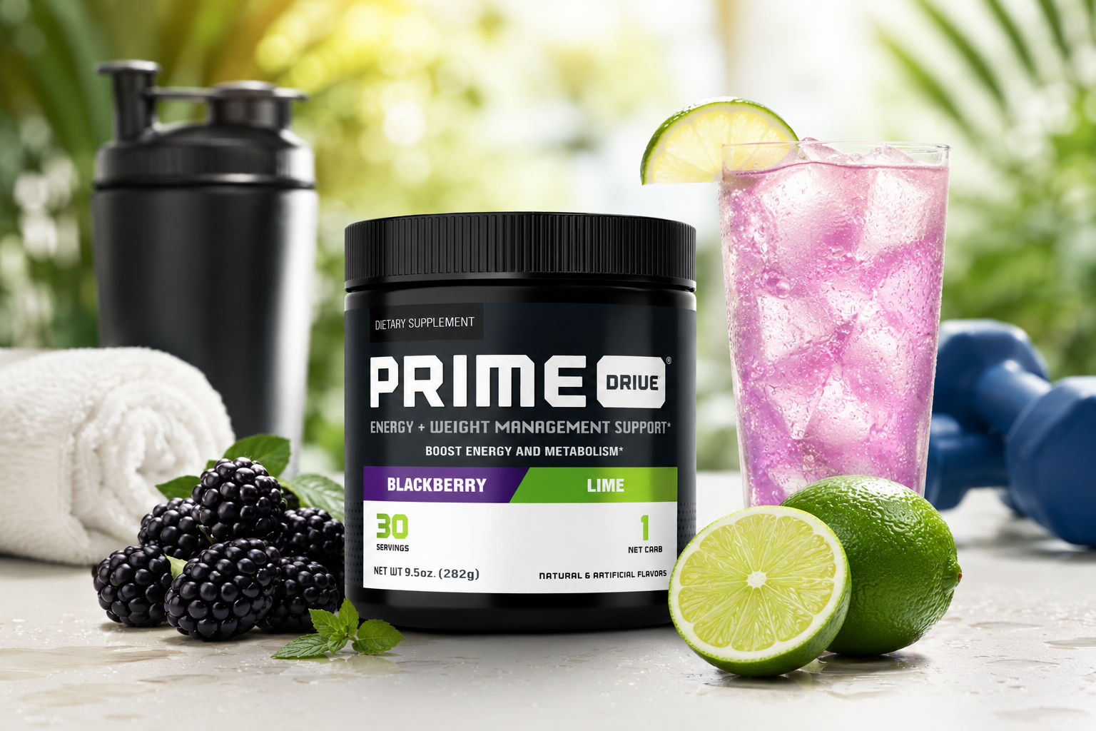 A container of PRIME energy drink with fruits and a shaker.
