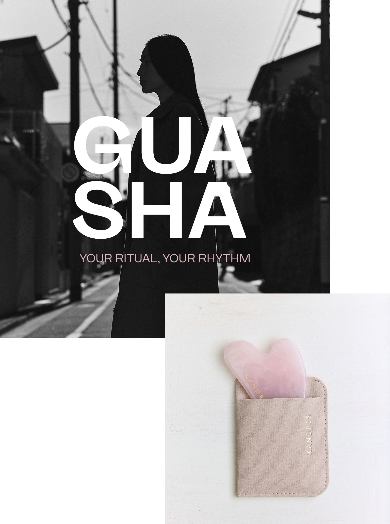 A woman in silhouette and a gua sha tool in a pocket.