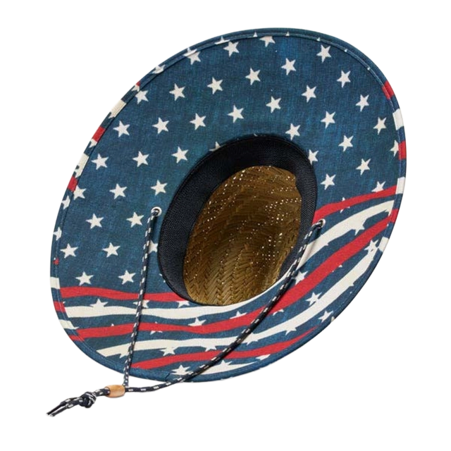 A patriotic cowboy hat with stars and stripes design.
