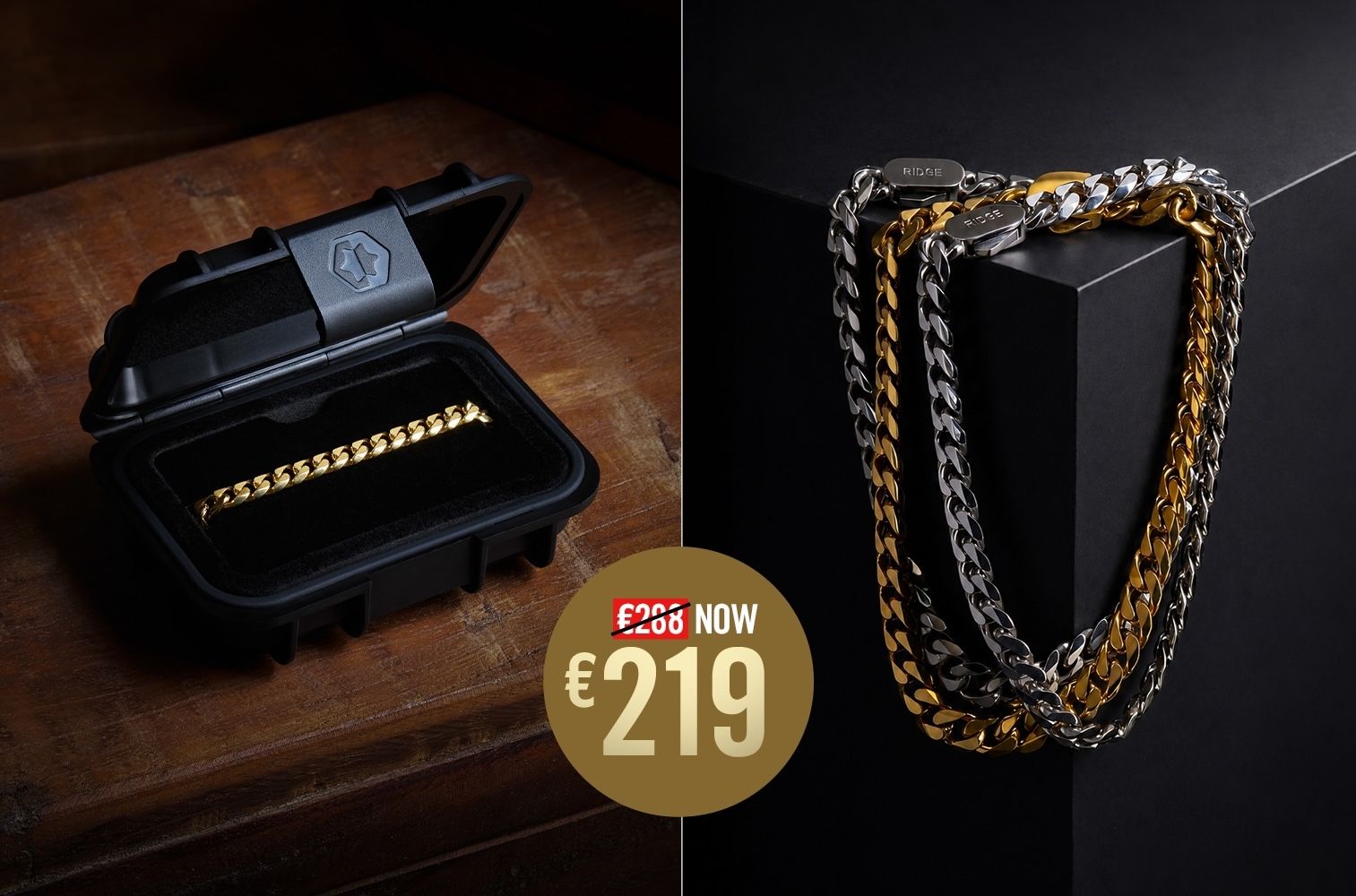 Jewelry box with a gold chain and price tag.