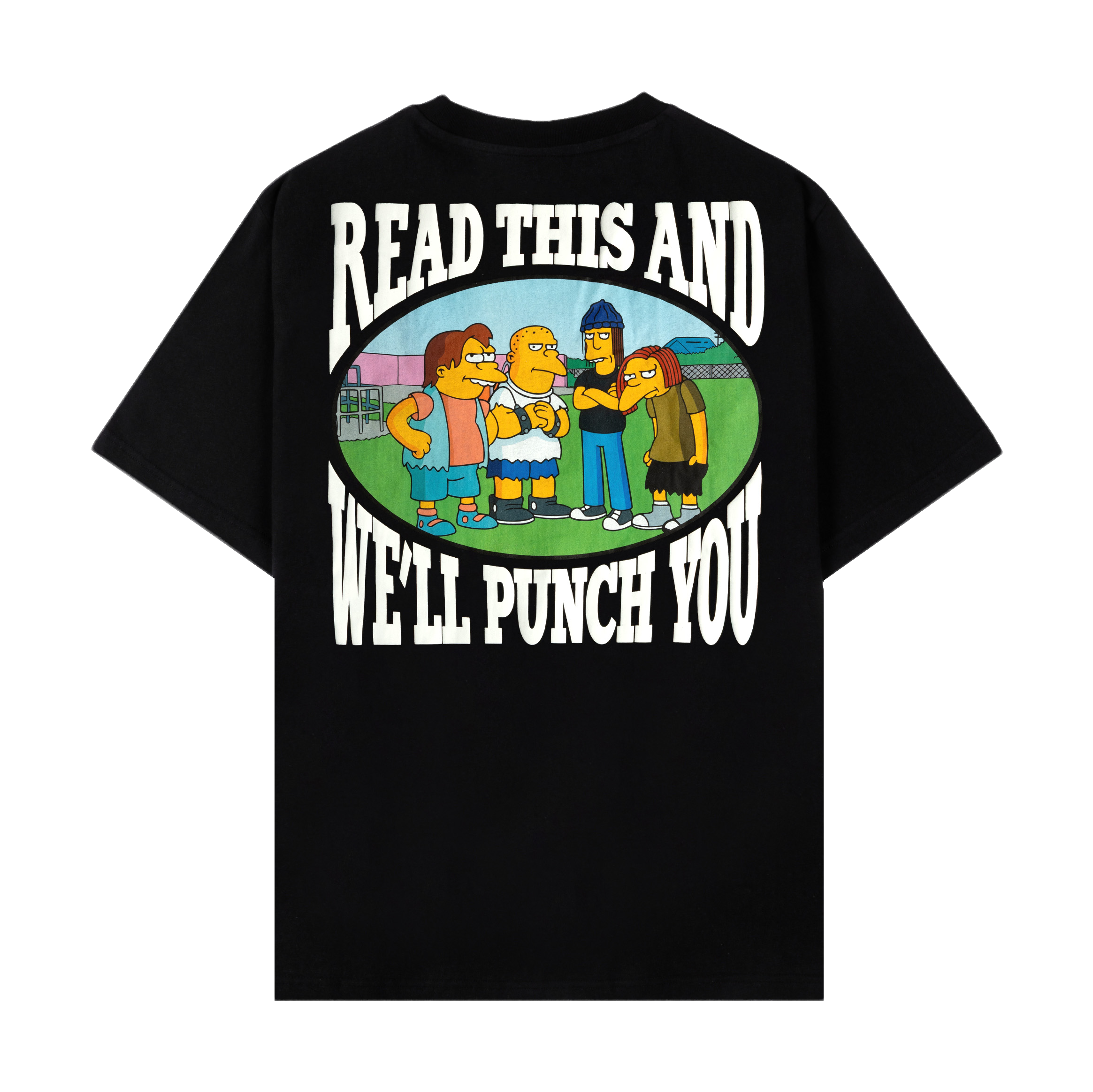 Black t-shirt featuring characters from The Simpsons.