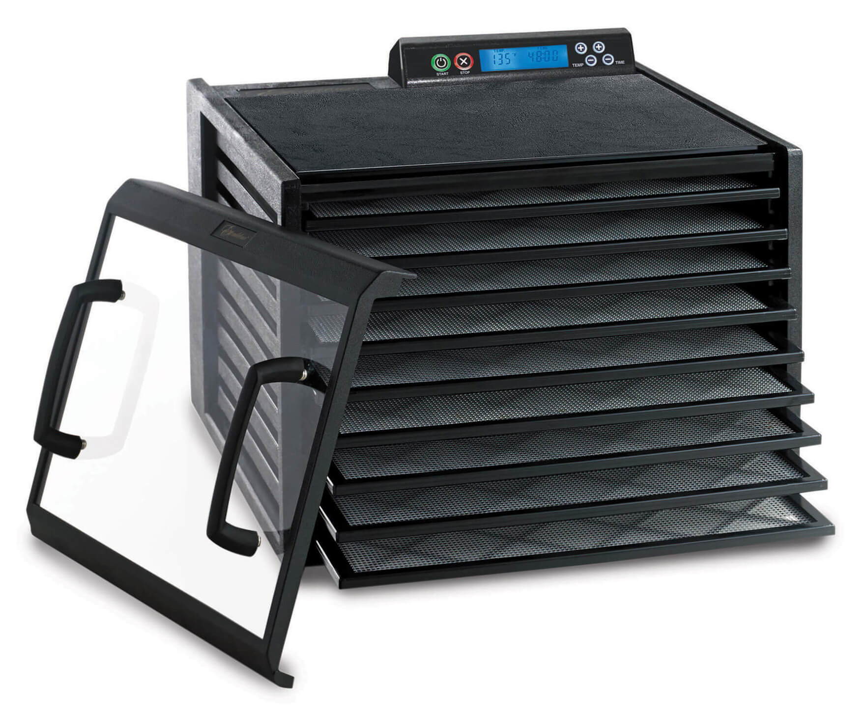 Excalibur 4948CDB 9 tray dehydrator with clear door propped to the side.