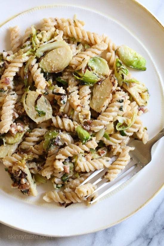 Fusilli pasta and brussels sprouts in a carbonara sauce