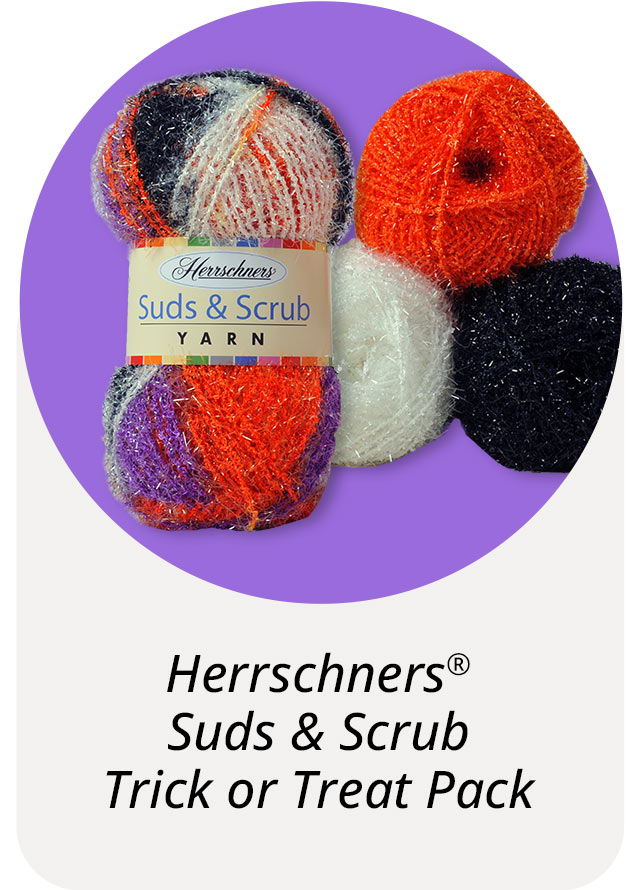 Herrschners Suds & Scrub Trick or Treat Pack yarn in vibrant colors.