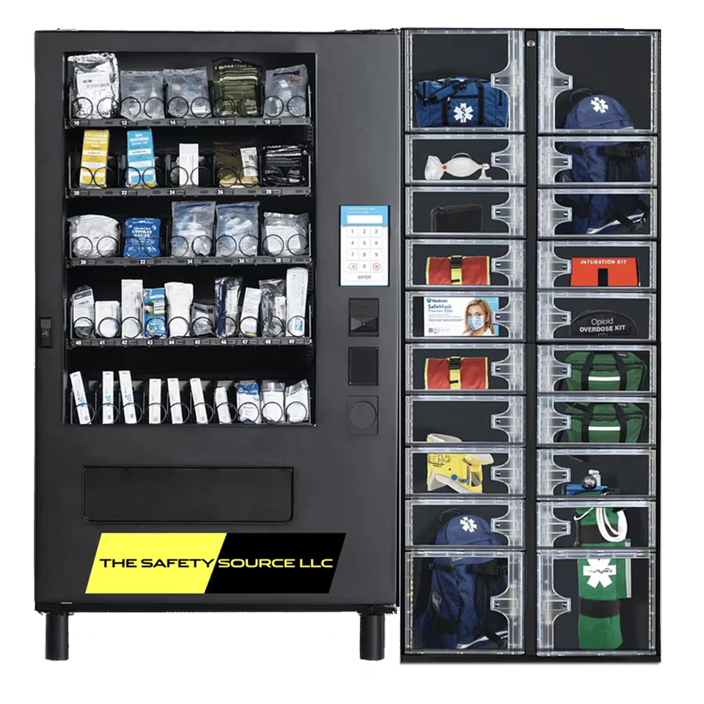 Vending machine stocked with safety supplies and personal protective equipment.