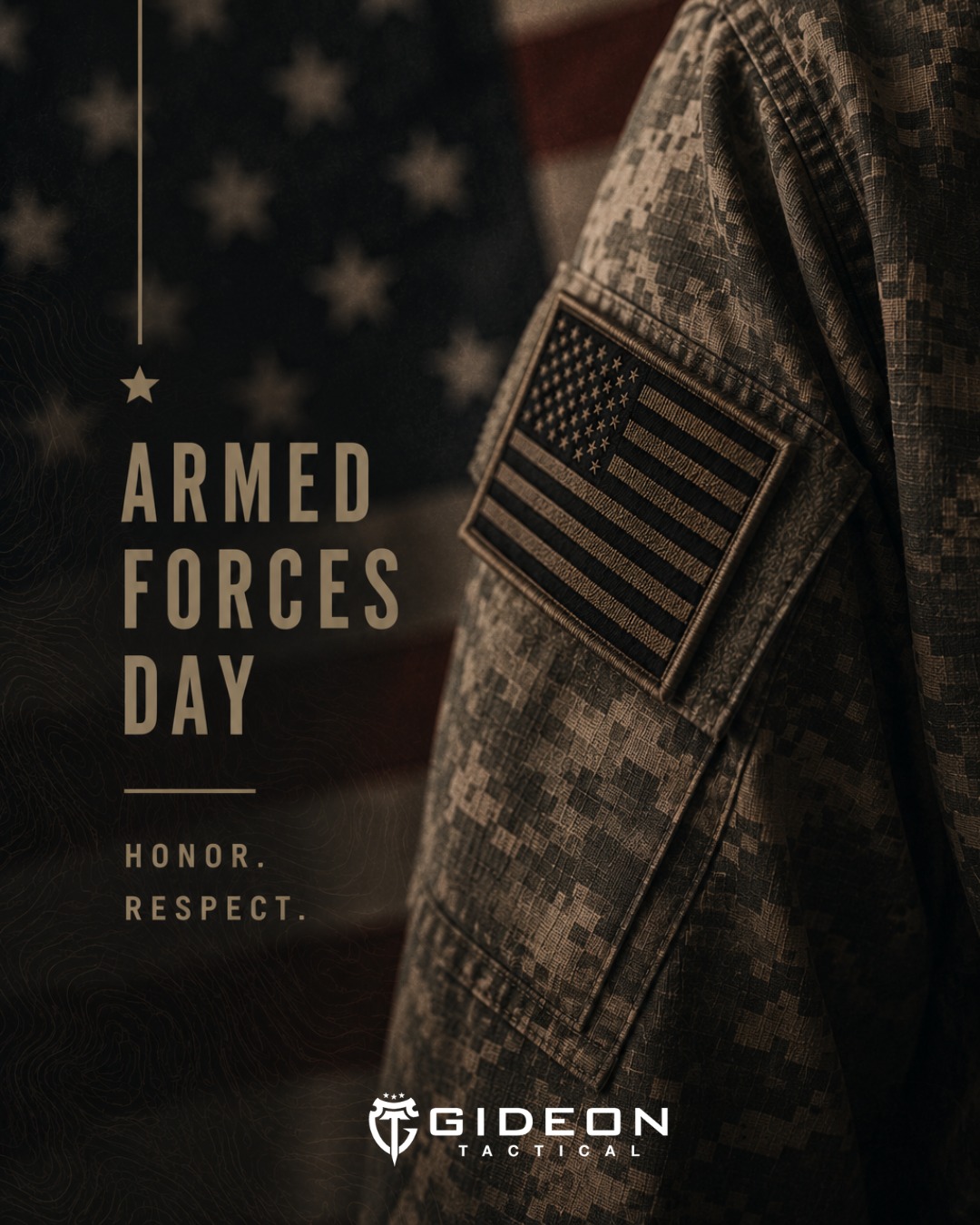 Armored military uniform with American flag patch and text honoring Armed Forces Day.