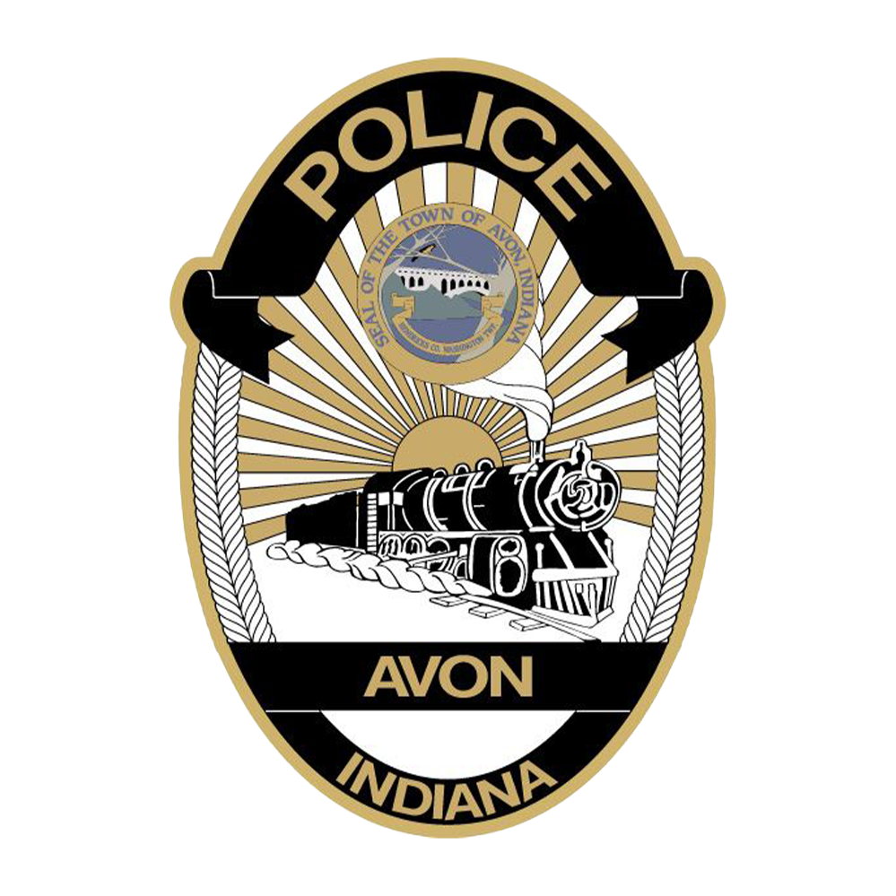 Avon, Indiana Police badge featuring a train and a sunburst design.