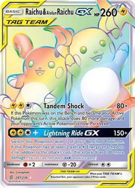 pokemon card set order - Raichu and Alolan Raichu TAG TEAM Pokémon card with abilities and stats.
