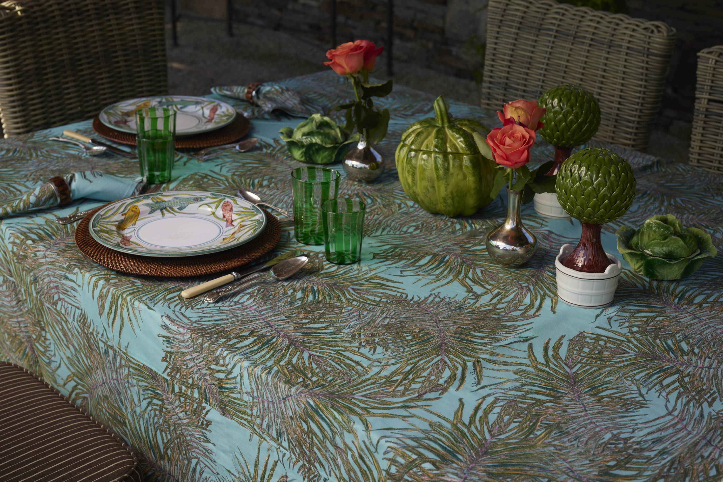 Green palm leaf printed cotton table cloth by Ala von Auersperg in Newport Rhode Island
