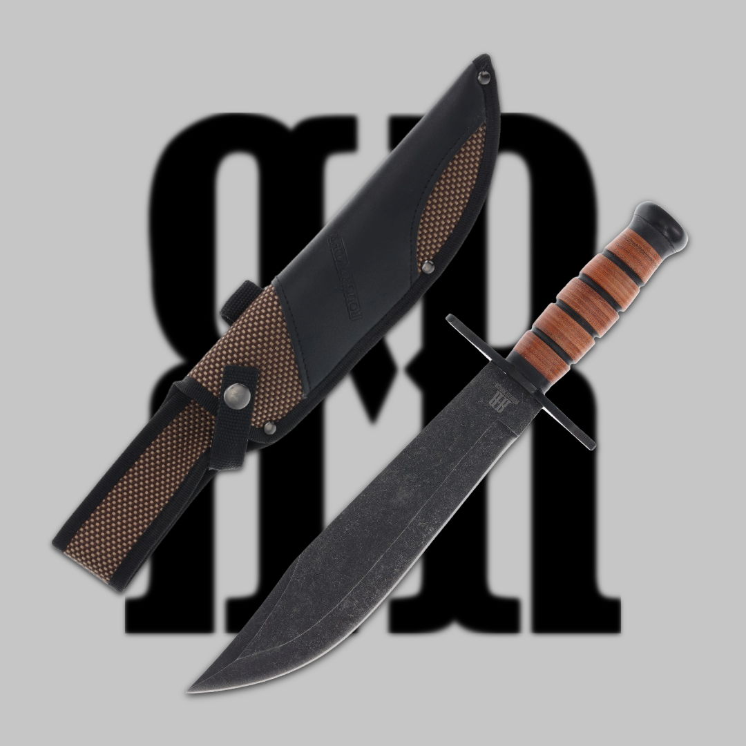 Two knives displayed against a grey background with a logo behind them.