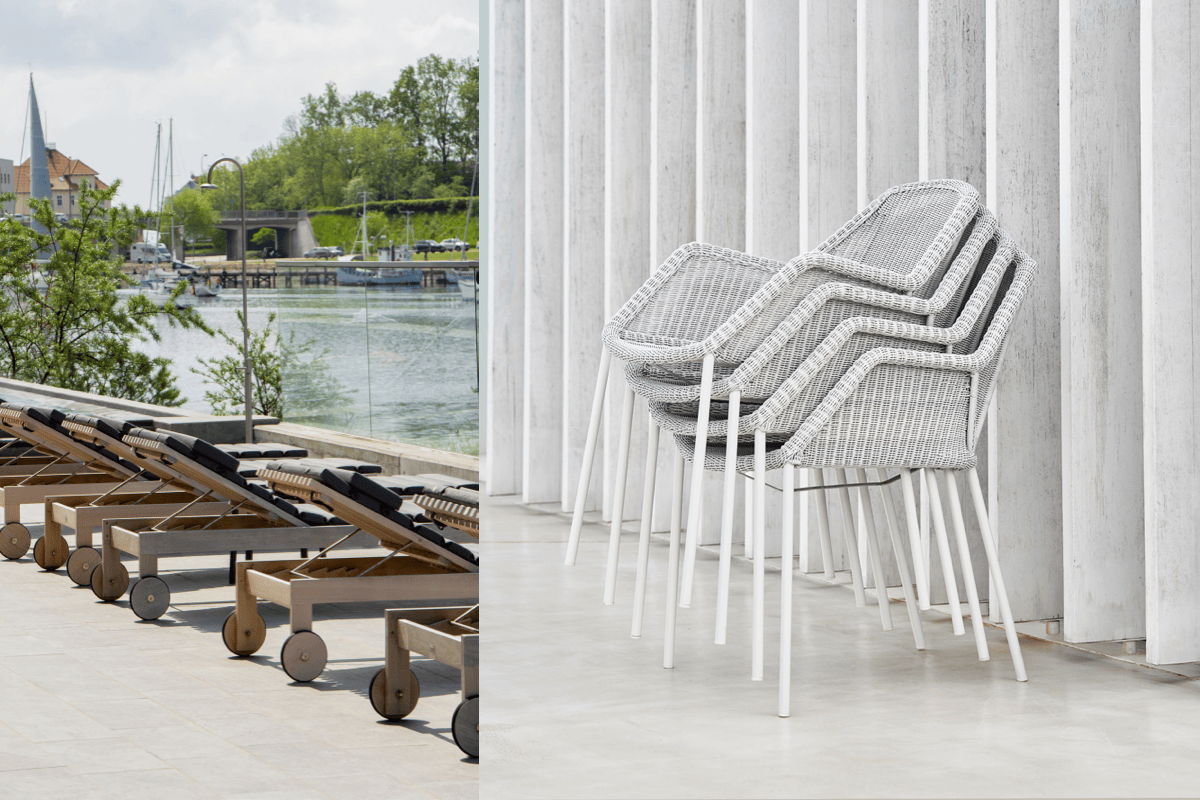 Commercial poolside lounge chairs and stackable outdoor dining chairs for hotel and resort spaces