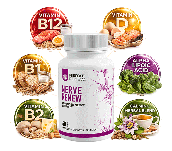 Bottle of Nerve Renew with various vitamin icons around it.