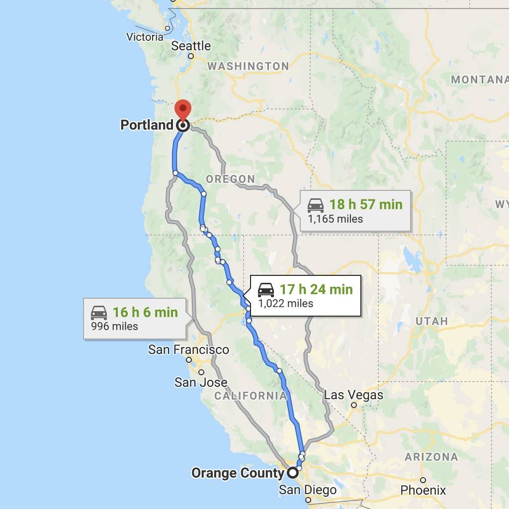 Google map of Orange County to Portland Oregon