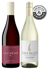 Two wine bottles: La Crema Pinot Noir and Taha Valley Sauvignon Blanc.
