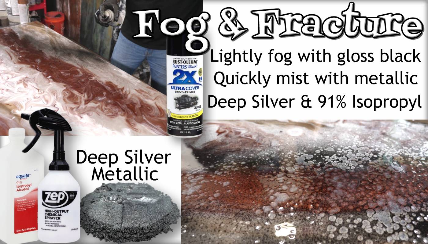 Fog and fracture: Lightly fog with gloss black, quickly mist with metallic deep silver and 91% isopropyl.
