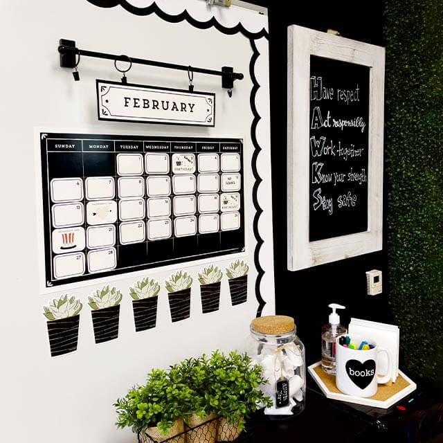 Black & white classroom decorated with Farmhouse Calendar Bulletin Board Set and other Farmhouse classroom decorations