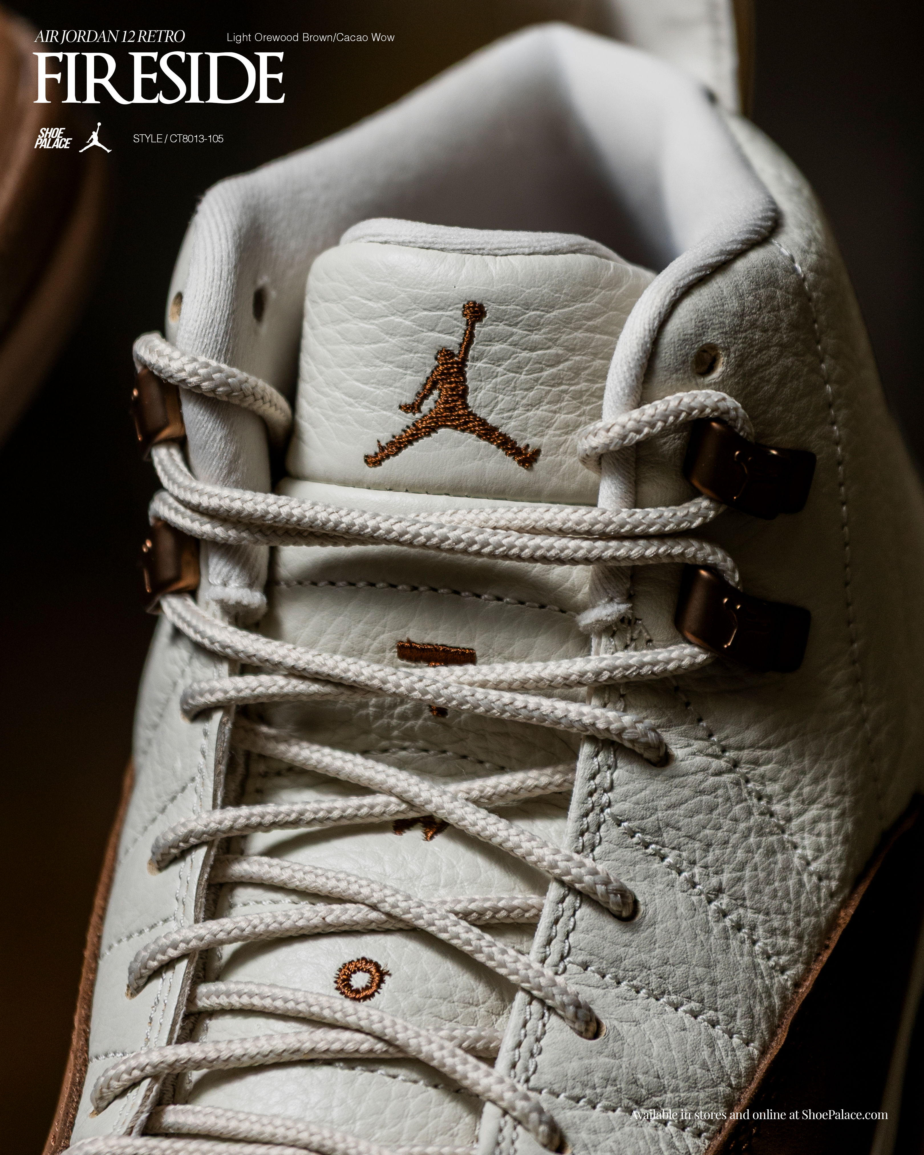Close-up of a sneaker with Jordan logo and laces.