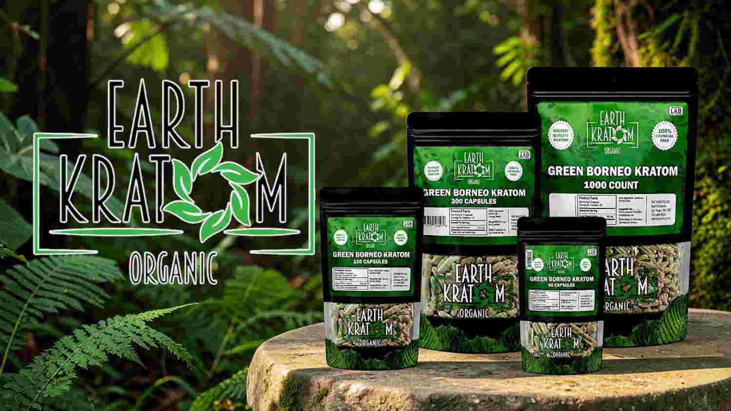 Packaging of Earth Kratom products displayed in a forest setting.