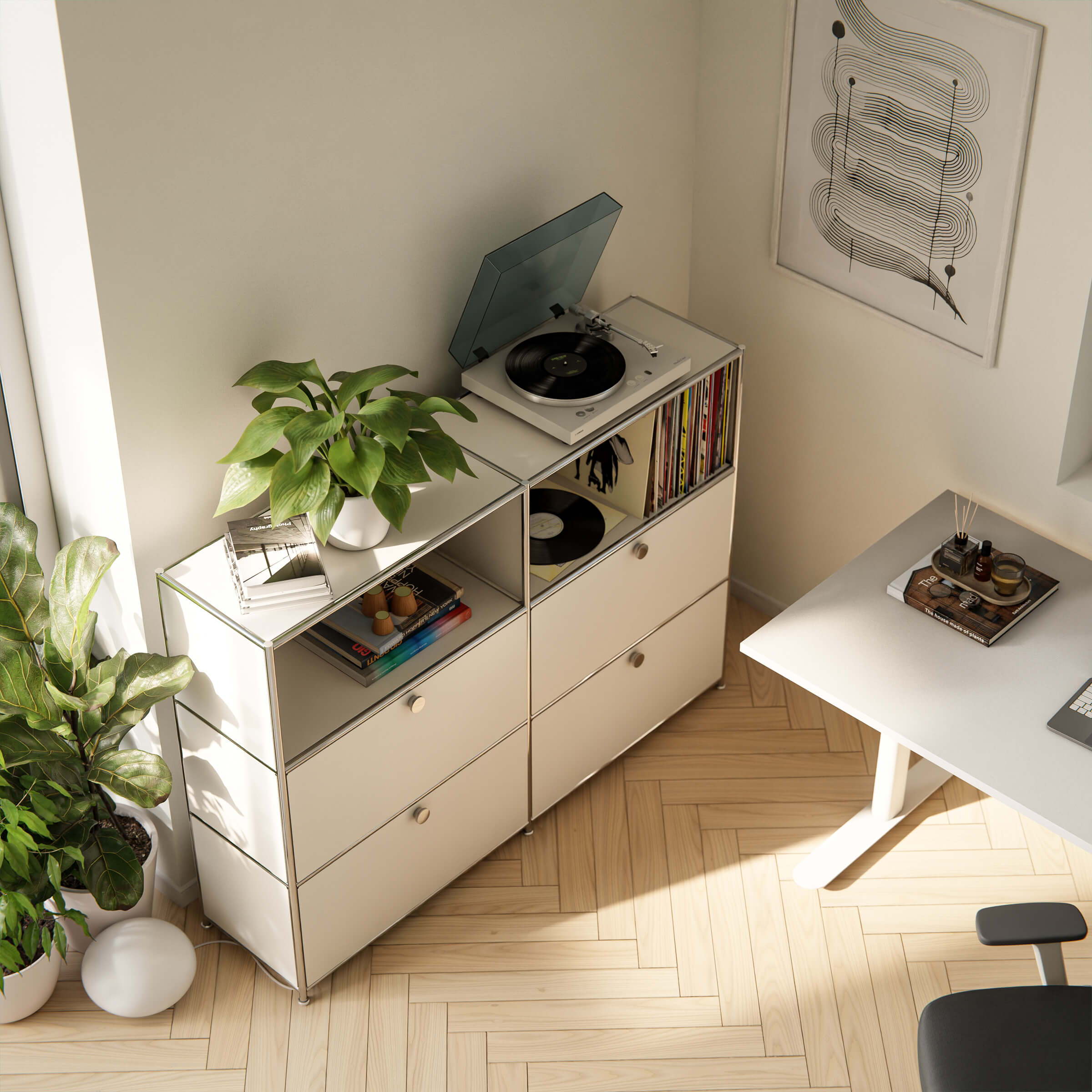 Modern office featuring a white ofinto Cubox sideboard—perfect for staying organized