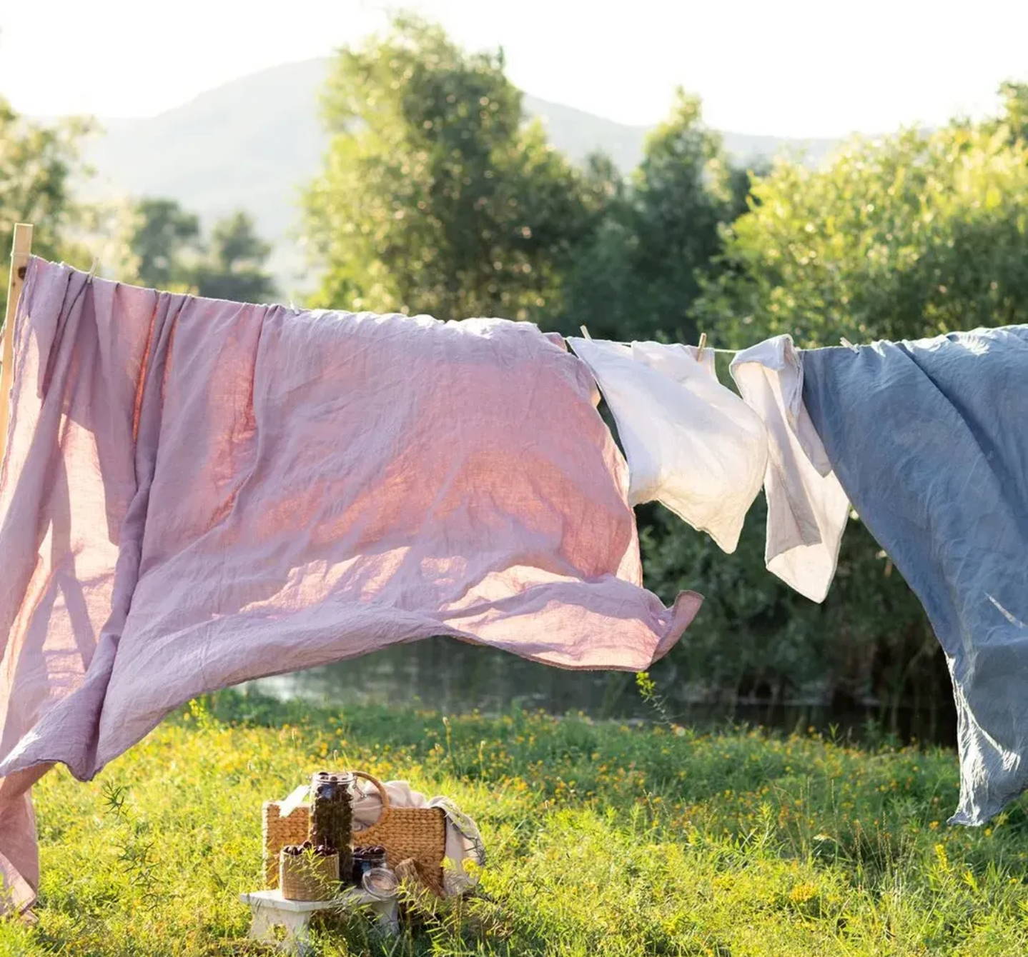 Sheets drying outside – it’s sunny enough to kill dust mites and their eggs. Our dust mite laundry tip is use a washing line
