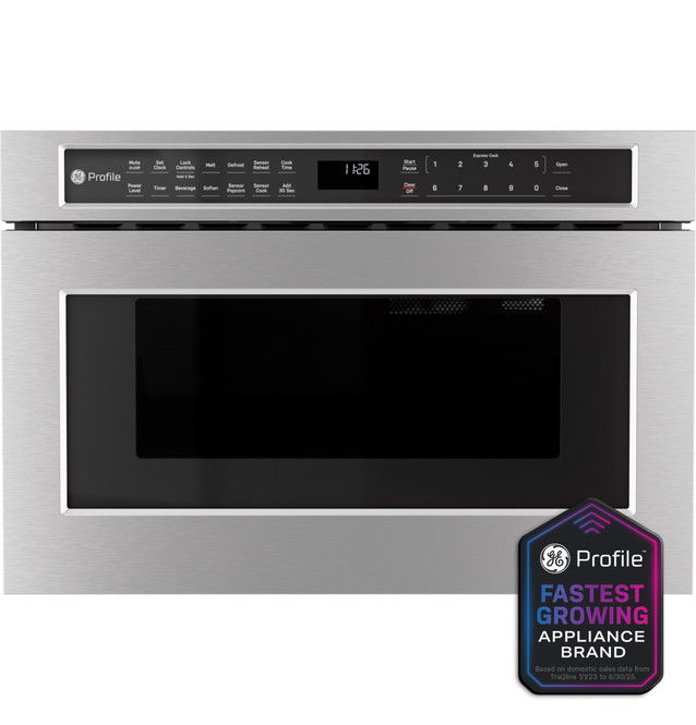 Stainless steel microwave with digital controls and brand logo.