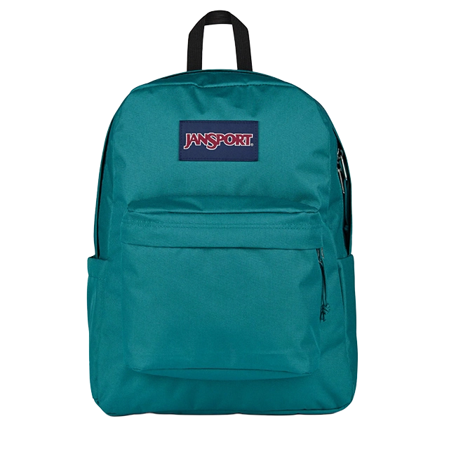 Teal backpack with a front pocket and logo patch.