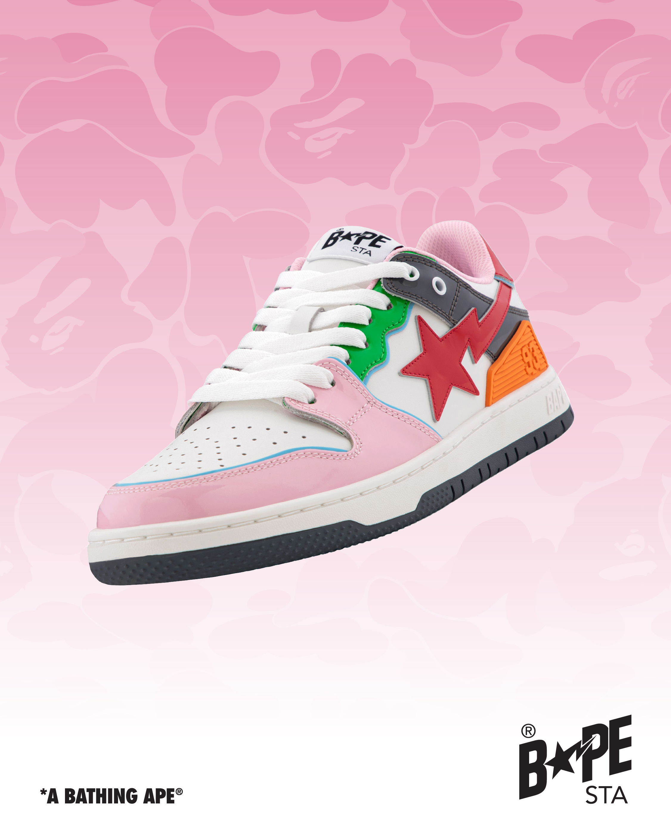 A pink sneaker with colorful accents by A Bathing Ape.
