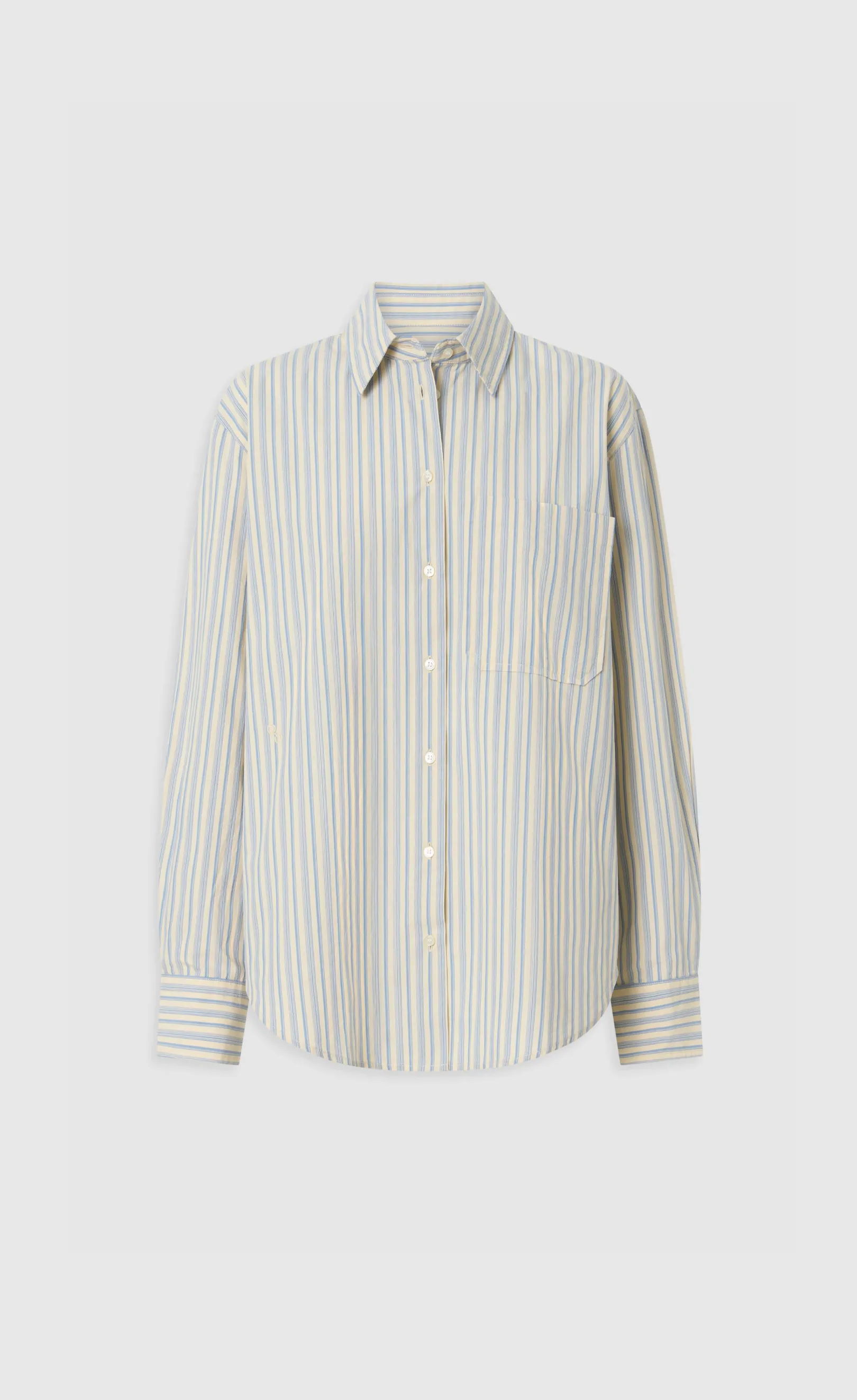 Striped button-up shirt with long sleeves and a collar.