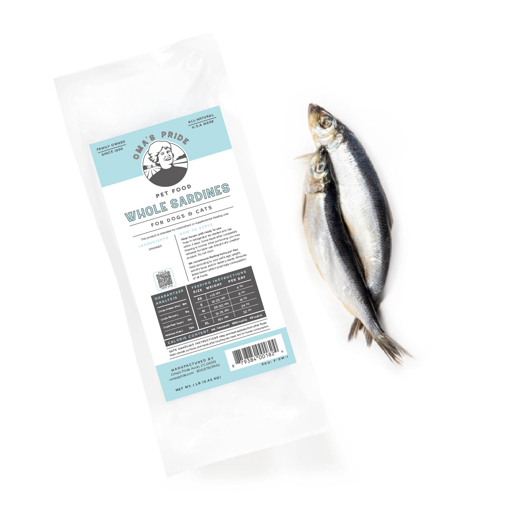 Oma's Pride whole raw sardines product packaging with two fish.