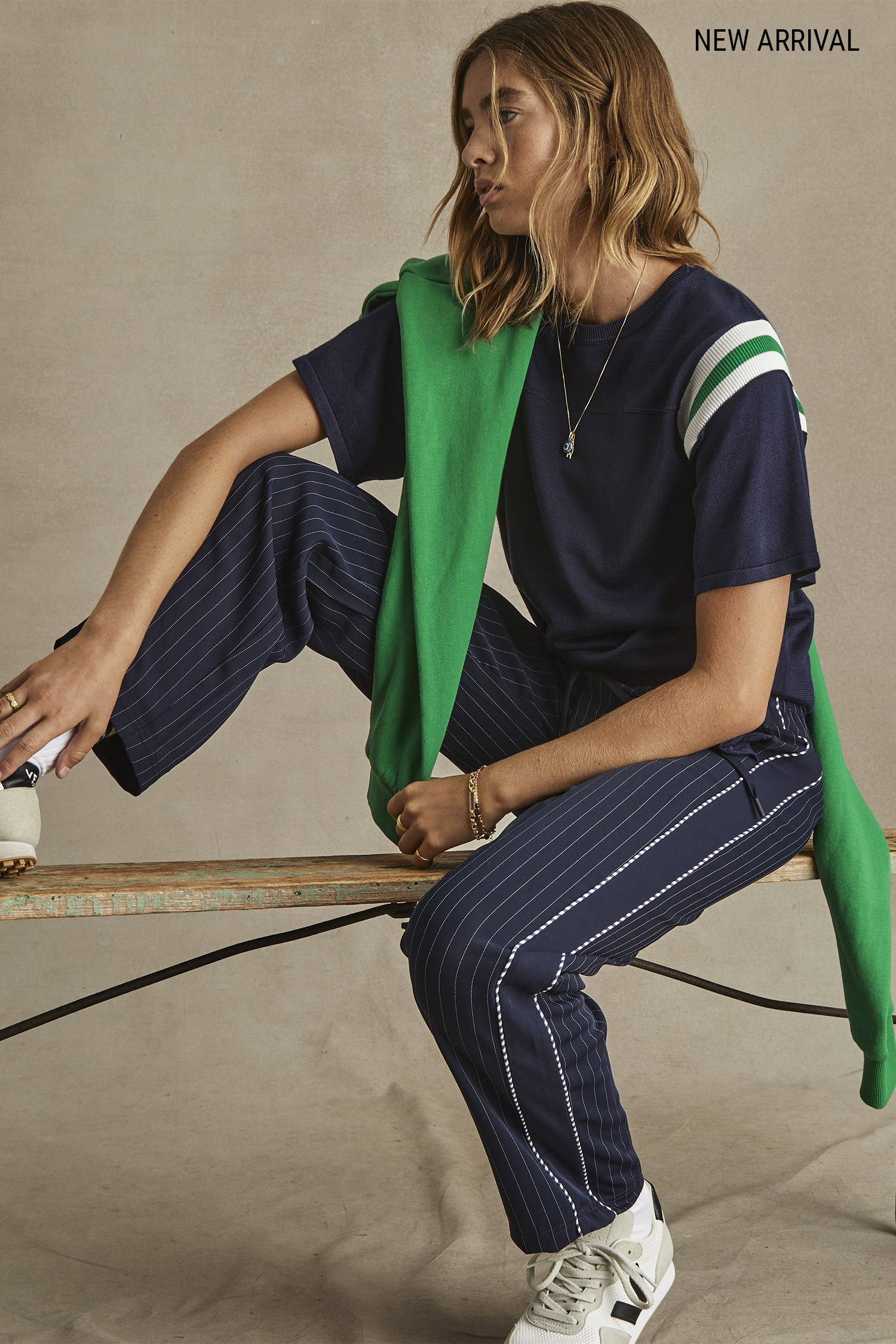 THE UPSIDE women's navy blue Drifter Seven Tee and navy striped Merida Franca Pant.