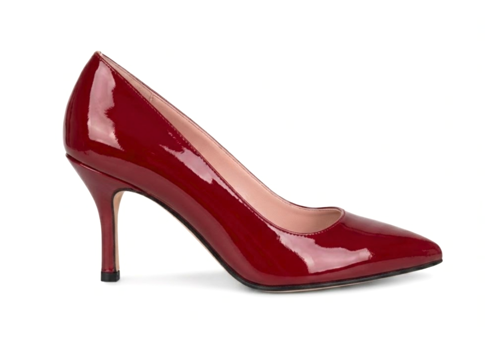 Red patent leather high-heeled shoe with a pointed toe.