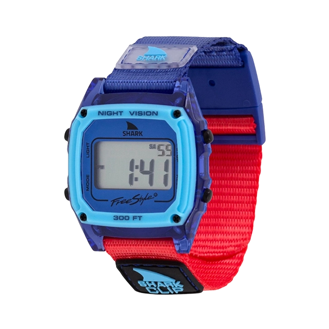Digital sports watch with blue and red strap displaying time.