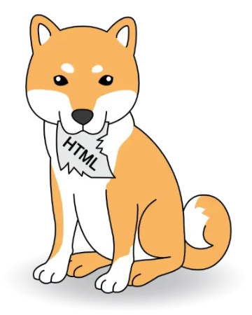 A shiba inu dog illustration holding a torn piece of paper that says HTML