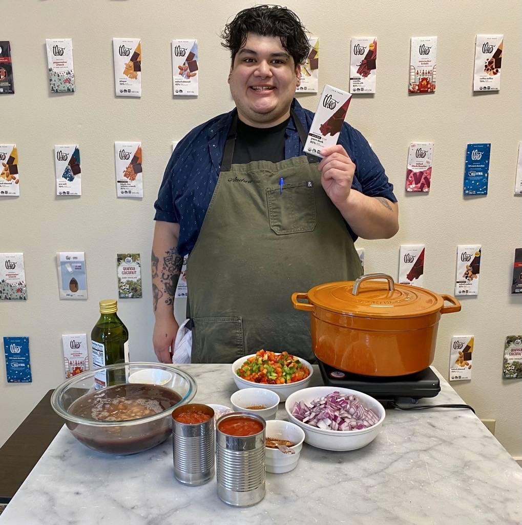 Andrew, ready to get started with his chili ingredients